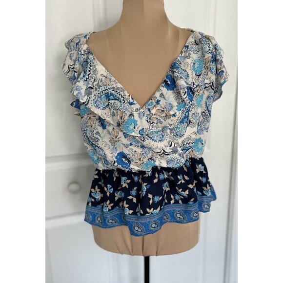 Stitch Fix Nine Britton Women’s Blue Floral Faux Wrap Ruffle Tank Top Size S - Picture 1 of 9